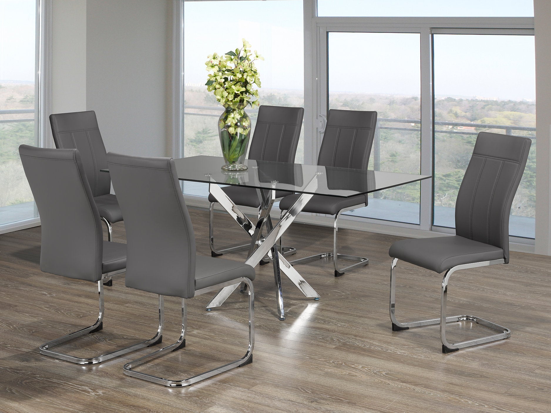 T-1448 | C-1879 Dining Set, 7 Pc, 63" Table + 6 Grey Chairs, Chrome Steel Table Legs, Glass Top