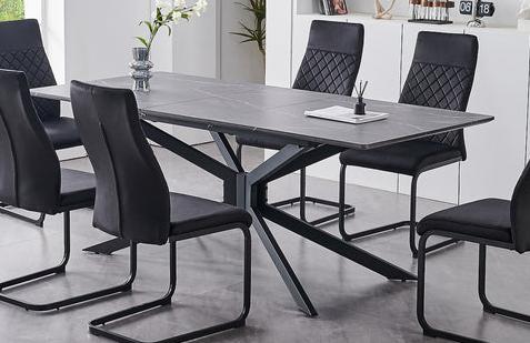 T-1570 Dining Table, Extendable, 63"-79" Long, Faux Grey Marble Top, X-Shaped Black Steel Base