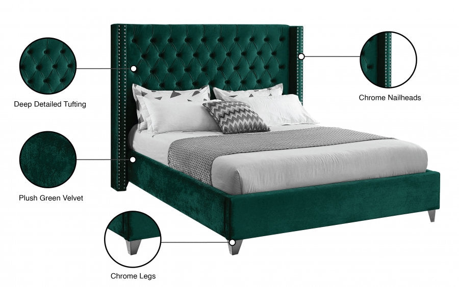 IF-5894 Bed, Green, Velvet, Wing Style Pattern Headboard