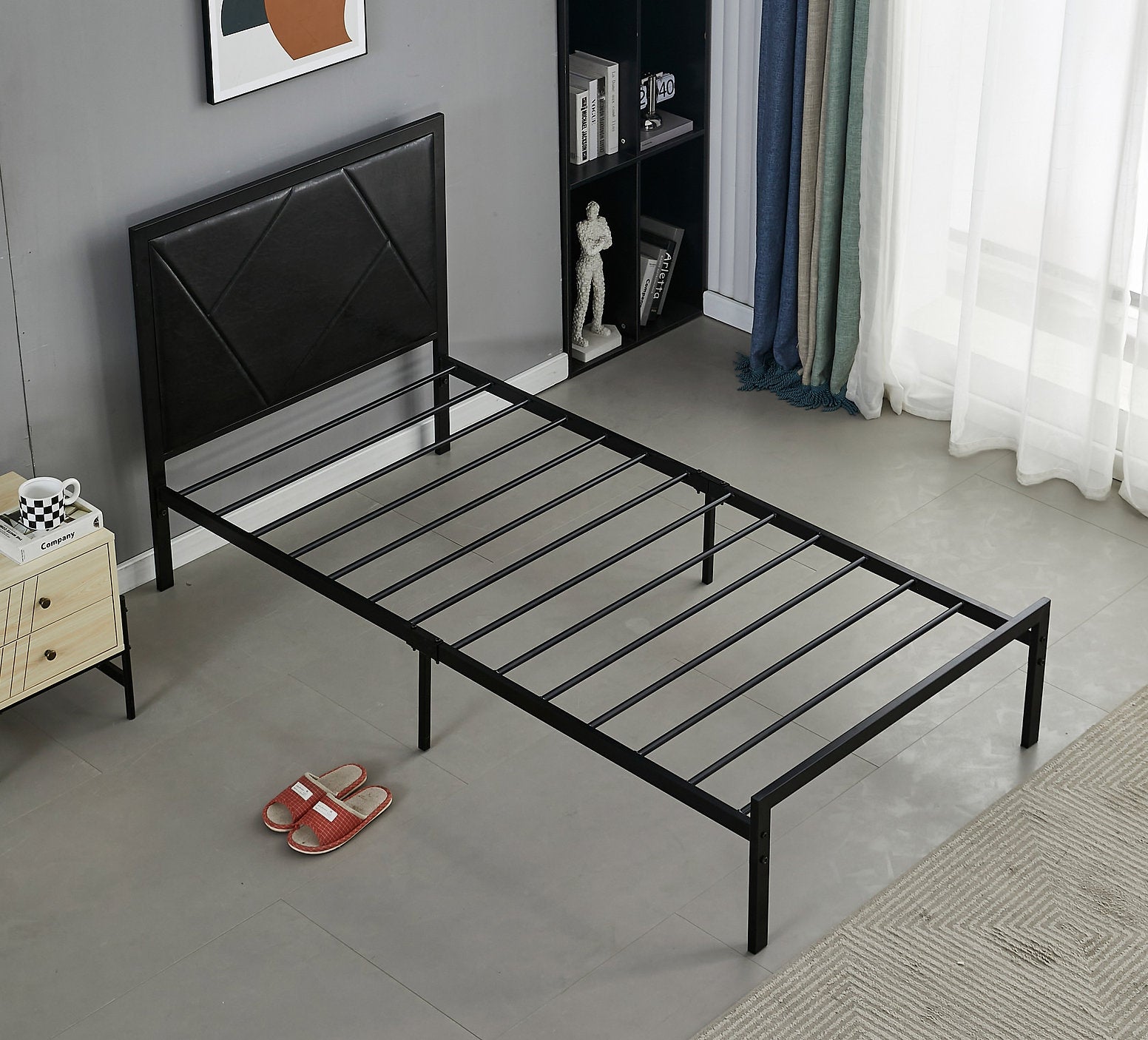IF-140B Bed, Black, Faux Leather Padded Headboard, Black Metal Frame