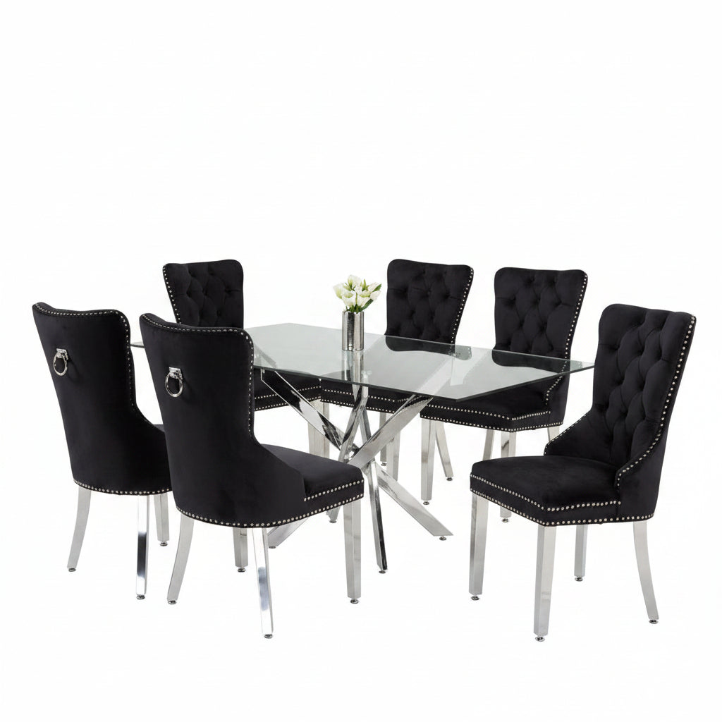 T-1448 | C-1261 Dining Set, 7 Pc, 63" Table + 6 Black Tufted Velvet Chairs, Chrome Steel Table Legs, Glass Top