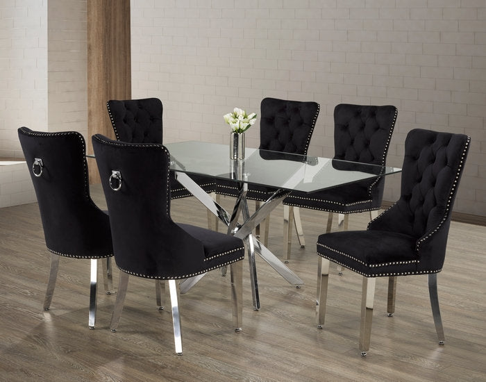 T-1448 | C-1261 Dining Set, 7 Pc, 63" Table + 6 Black Tufted Velvet Chairs, Chrome Steel Table Legs, Glass Top