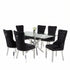 T-1448 | C-1261 Dining Set, 7 Pc, 63" Table + 6 Black Tufted Velvet Chairs, Chrome Steel Table Legs, Glass Top