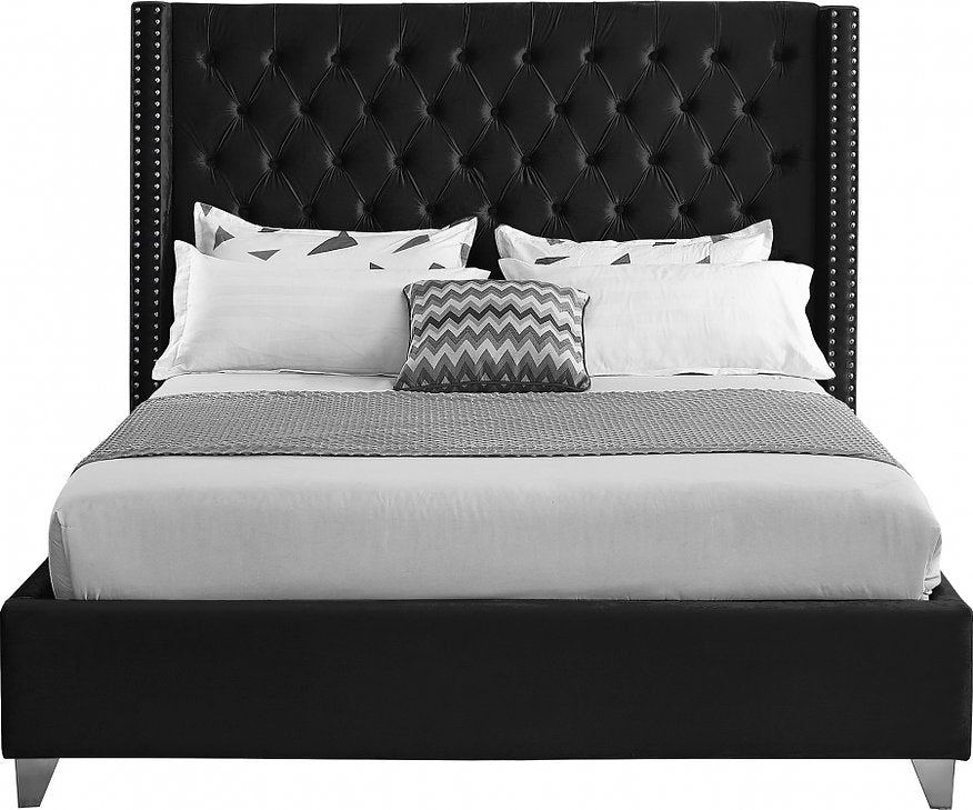 IF-5893 Bed, Black, Velvet Fabric, Tufted Headboard