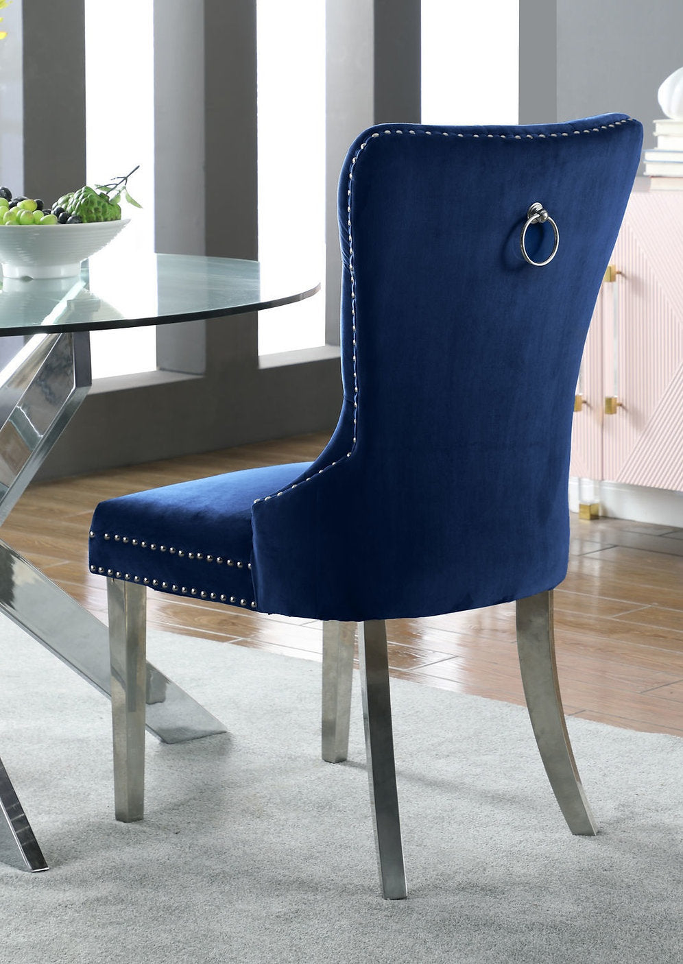 T-1448 | C-1262 Dining Set, 7 Pc, 63" Table + 6 Blue Velvet Chairs, Chrome Steel Table Legs, Glass Top