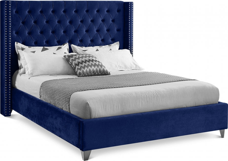 IF-5891 Bed, Blue, Velvet, Tufted Headboard