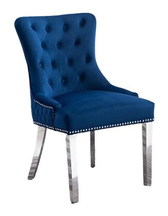 C-1252 Dining Chair, Blue, Velvet, Button Tufting, Chrome Legs, Decorative Chrome Lion Knocker