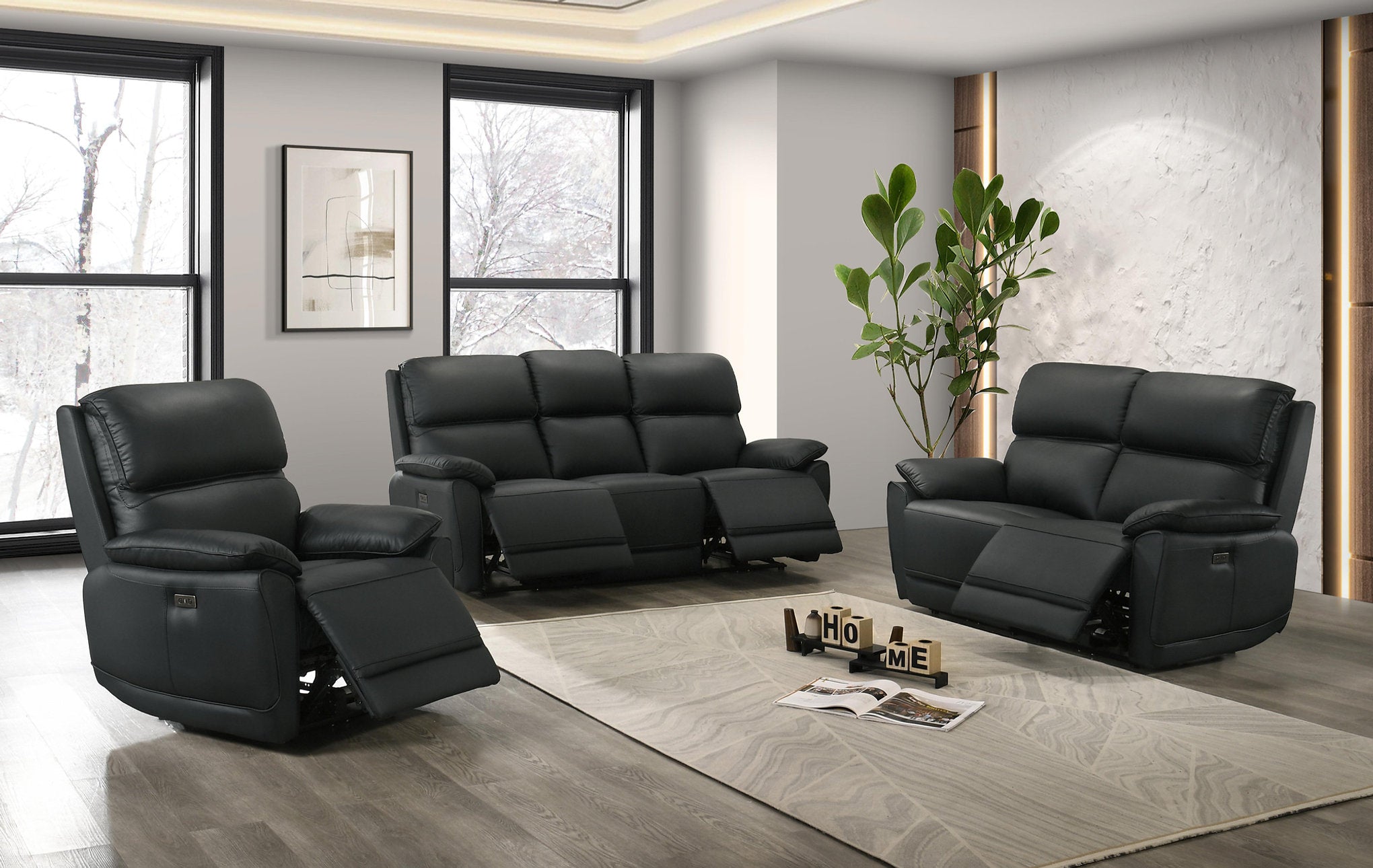 IF-8171 Power Recliner Set, 3pc, Soft Black, Genuine Leather/Match, USB Charging