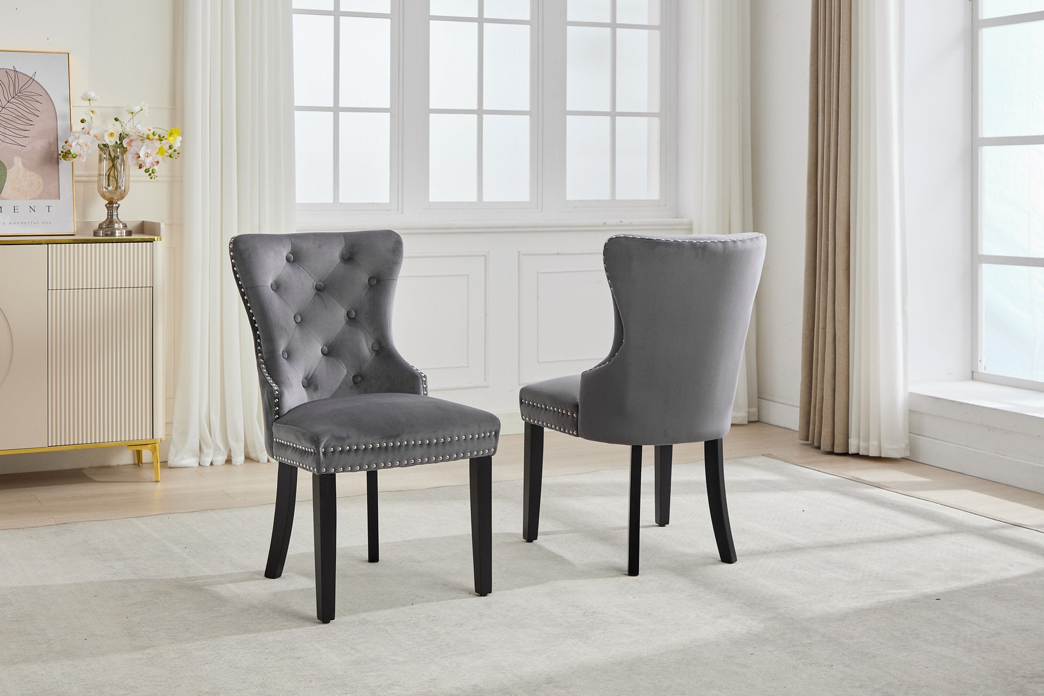 C-1225 Dining Chair, Grey, Velvet, Tufted Front, Nailhead Detail, Espresso Legs (Set of 2)