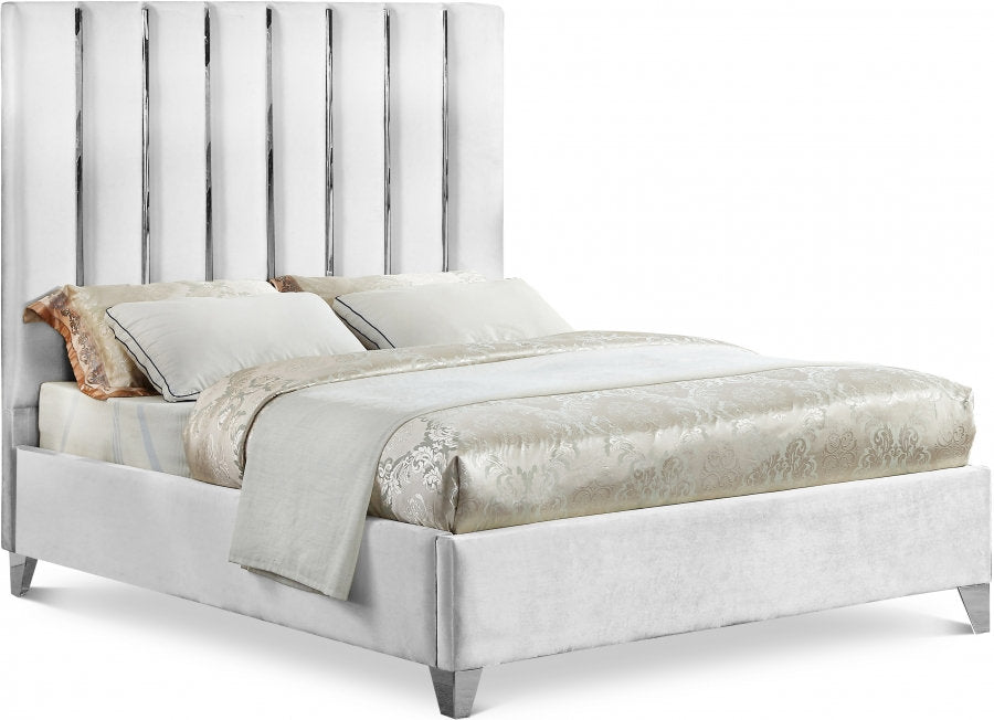 IF-5622 Bed, White, Fabric, Chrome Vertical Channel Headboard