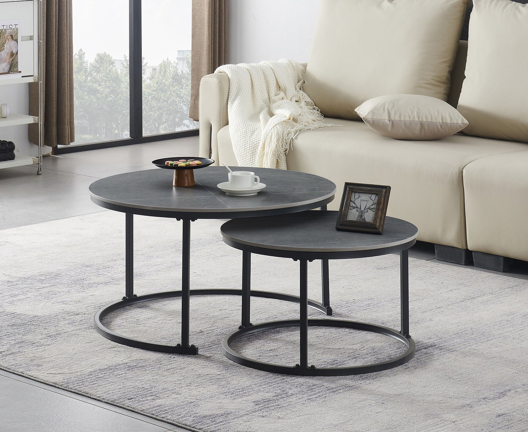 IF-2631 Coffee Table Set, 2Pc, Nested, Sintered Stone Grey Marble Top, Black Steel Base