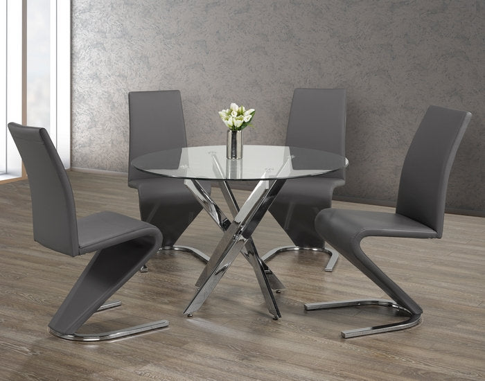 5Pc  Dining Set - Round Glass Table with Grey "Z" Chairs  T-1447 | C-1787
