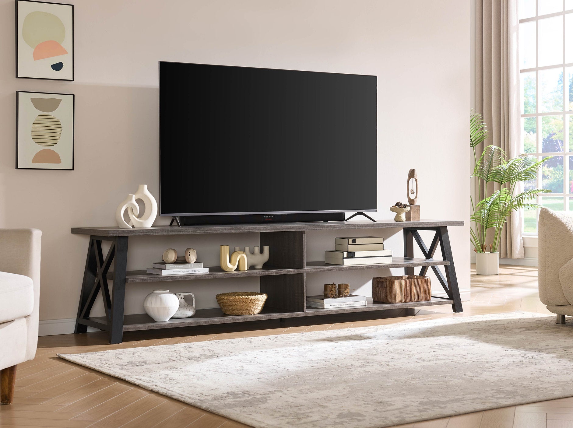 IF-5012 T.V Stand, 91" Long, Black and Distressed Grey Finish, X-Frame Side Panels