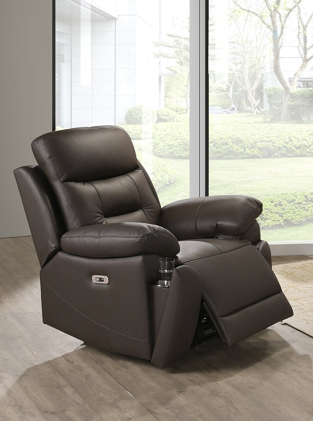 IF-8160 Power Recliner Armchair, Dark Chocolate Brown, Genuine Leather/Match, USB Charging, Hidden Cup Holders