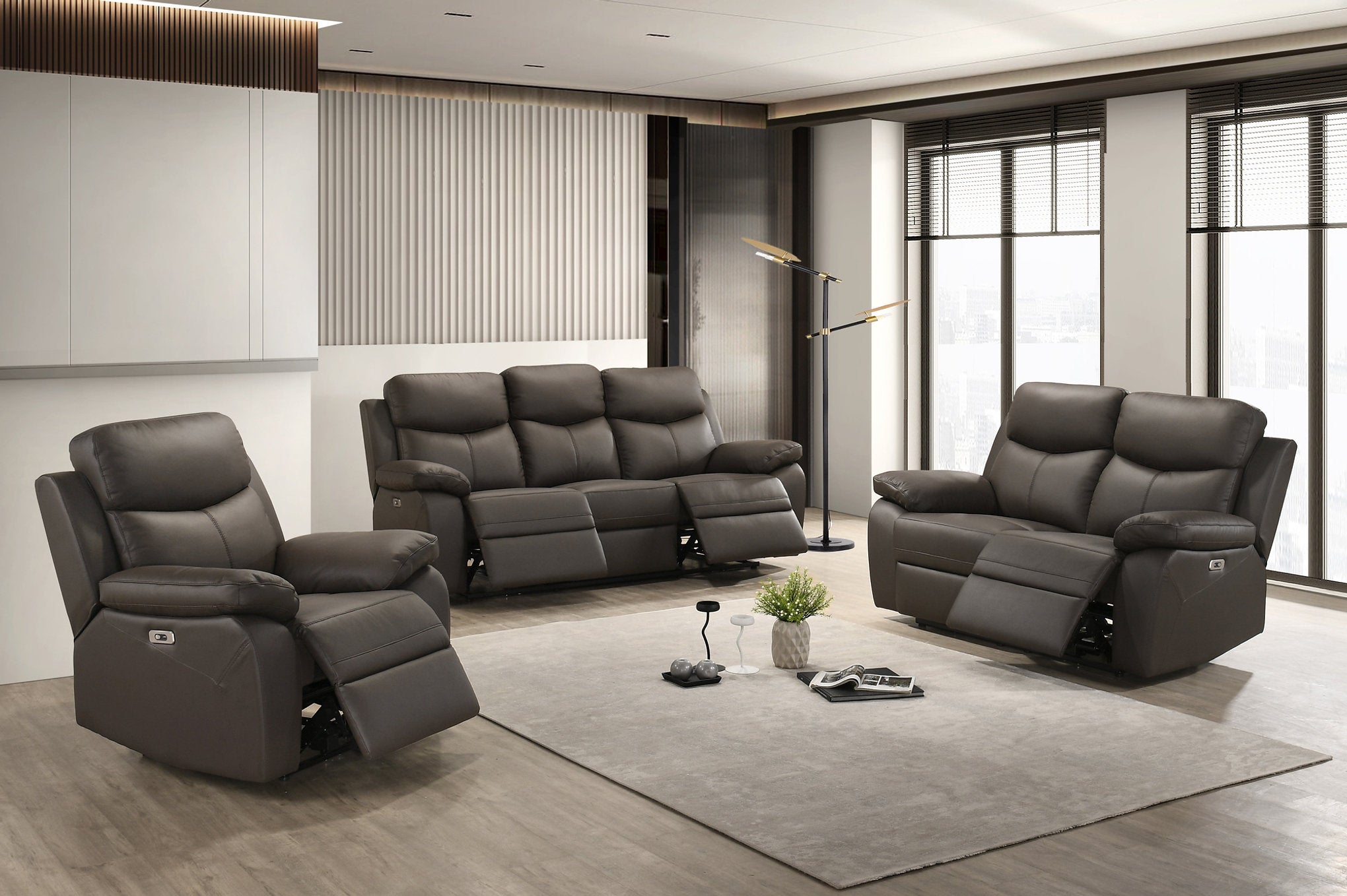 IF-8131 Power Recliner Set, 3pc, Dark Chocolate Brown, Genuine Leather/Match, USB Charging