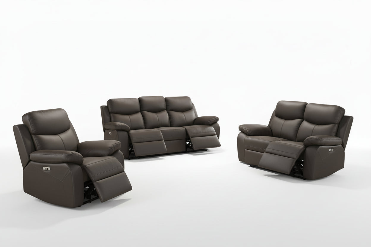 IF-8131 Power Recliner Set, 3pc, Dark Chocolate Brown, Genuine Leather/Match, USB Charging