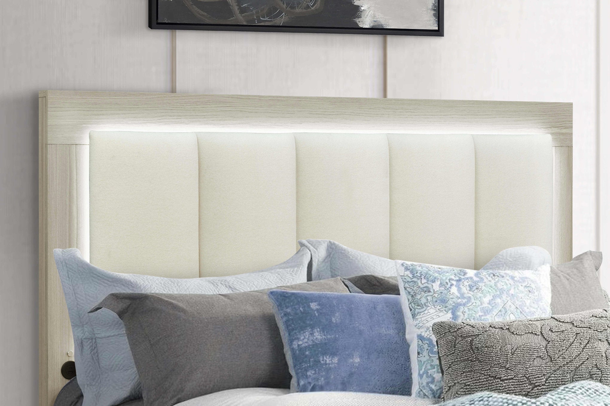 "EMMA" Bed, Natural White, LED Lighting, USB Charging, Built in Bench