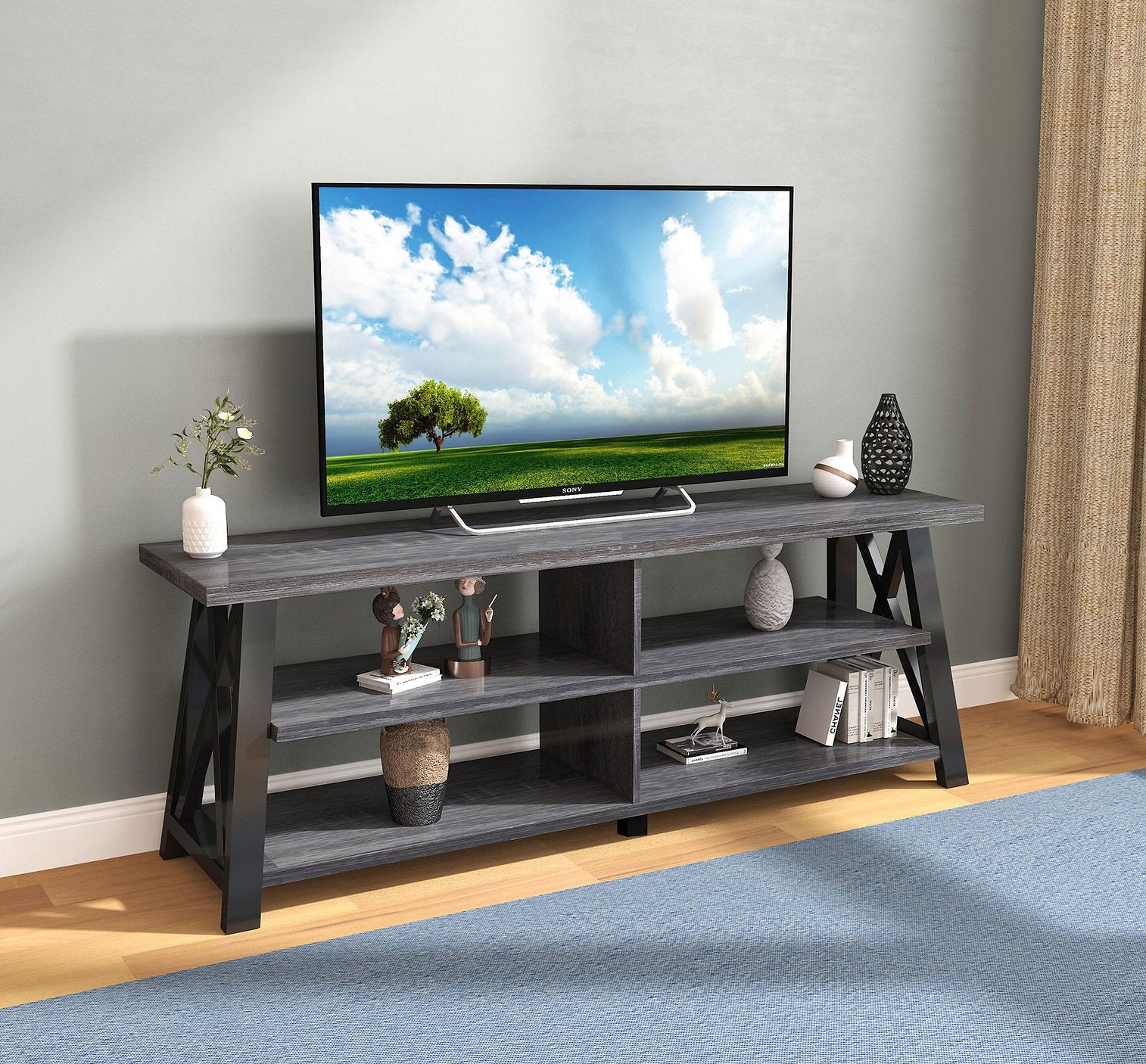 IF-5010 T.V Stand, 71" Wide, Black and Distressed Grey Finish, X-Frame Side Panels