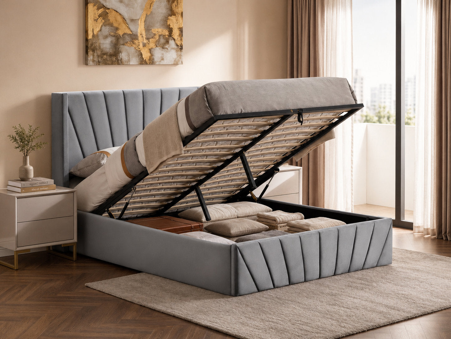 IF-5870 Lift Bed, Silver-Grey Velvet, Enclosed Storage, Elegant Fan-Tufted Headboard and Footboard