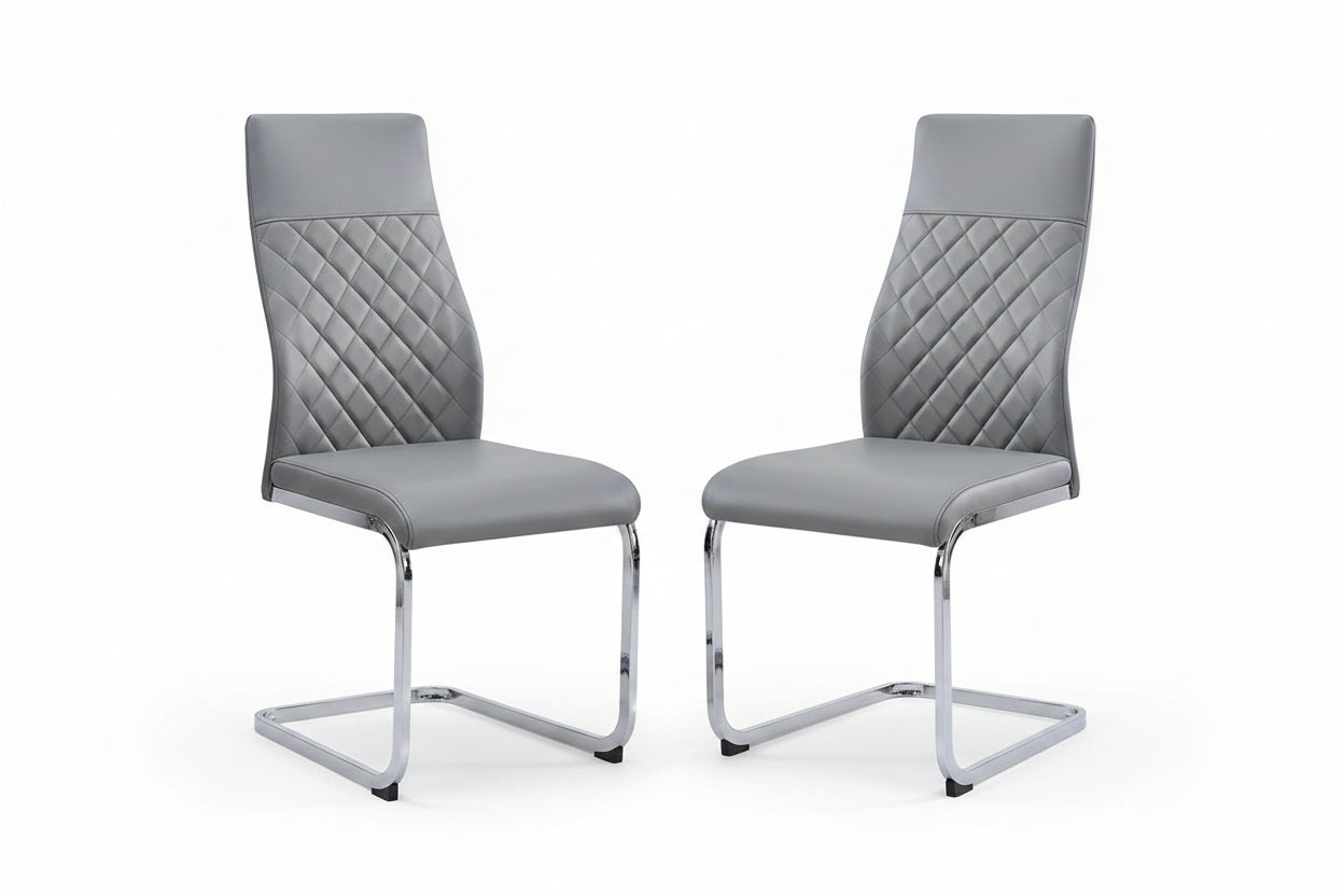 C-1576 Dining Chair, Grey Faux Leather, Elegant Diamond Stitching, C-Shape Chrome Frame (Set of 2)
