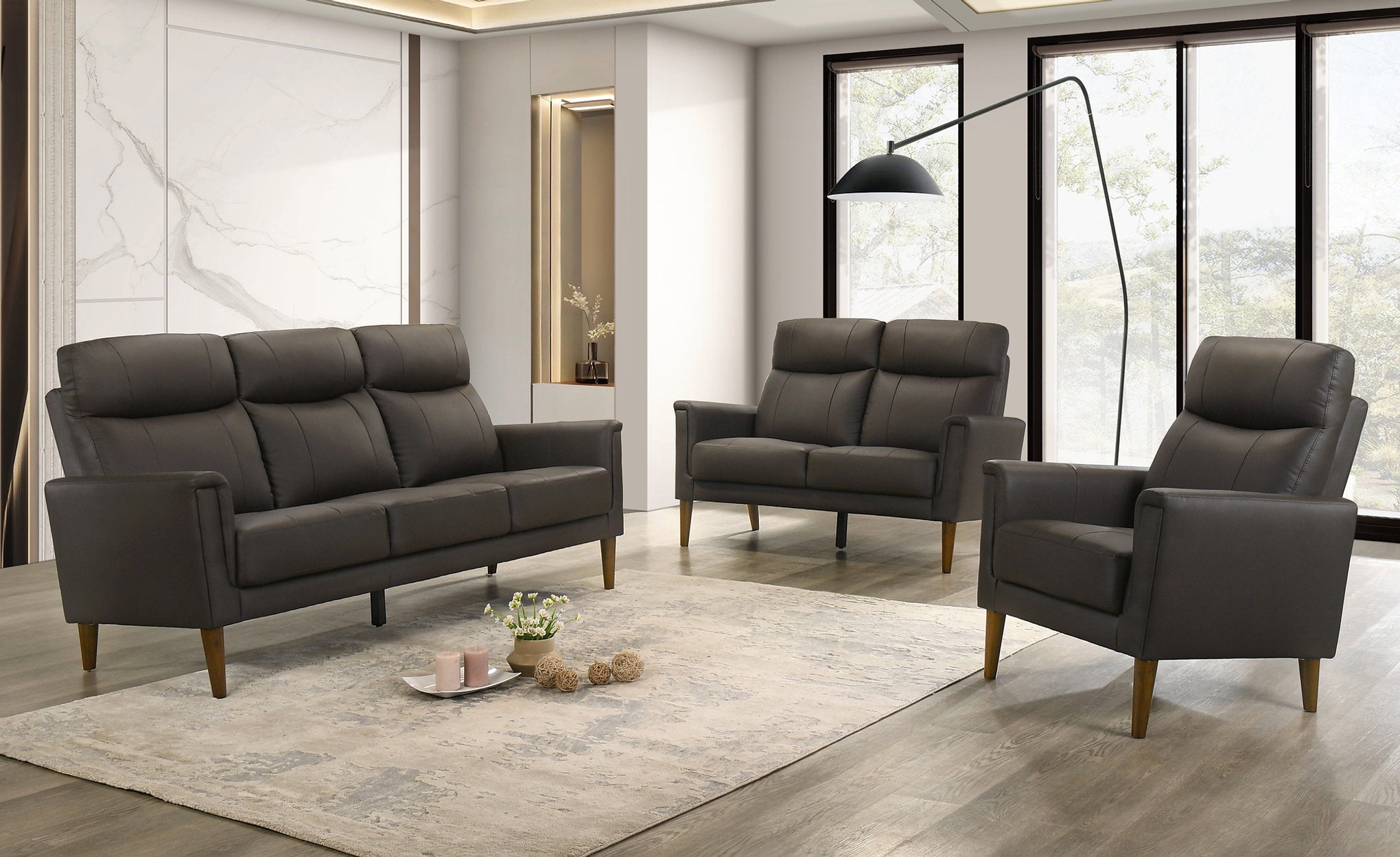IF-8011 Sofa Set, 3pc, Premium Soft Dark Chocolate Leather Match, Sleek Modern Design, High End Look