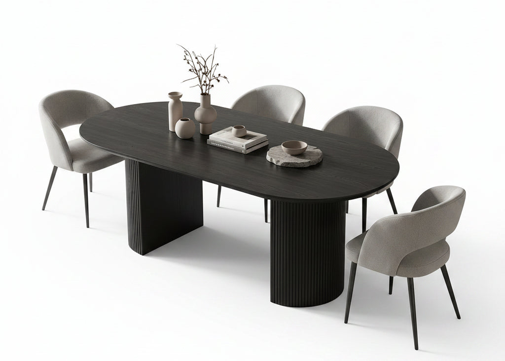 T-1643 | C-1645 Dining Set, 5Pc, Grey Chairs, Black 71" Oval Table, Fluted Base