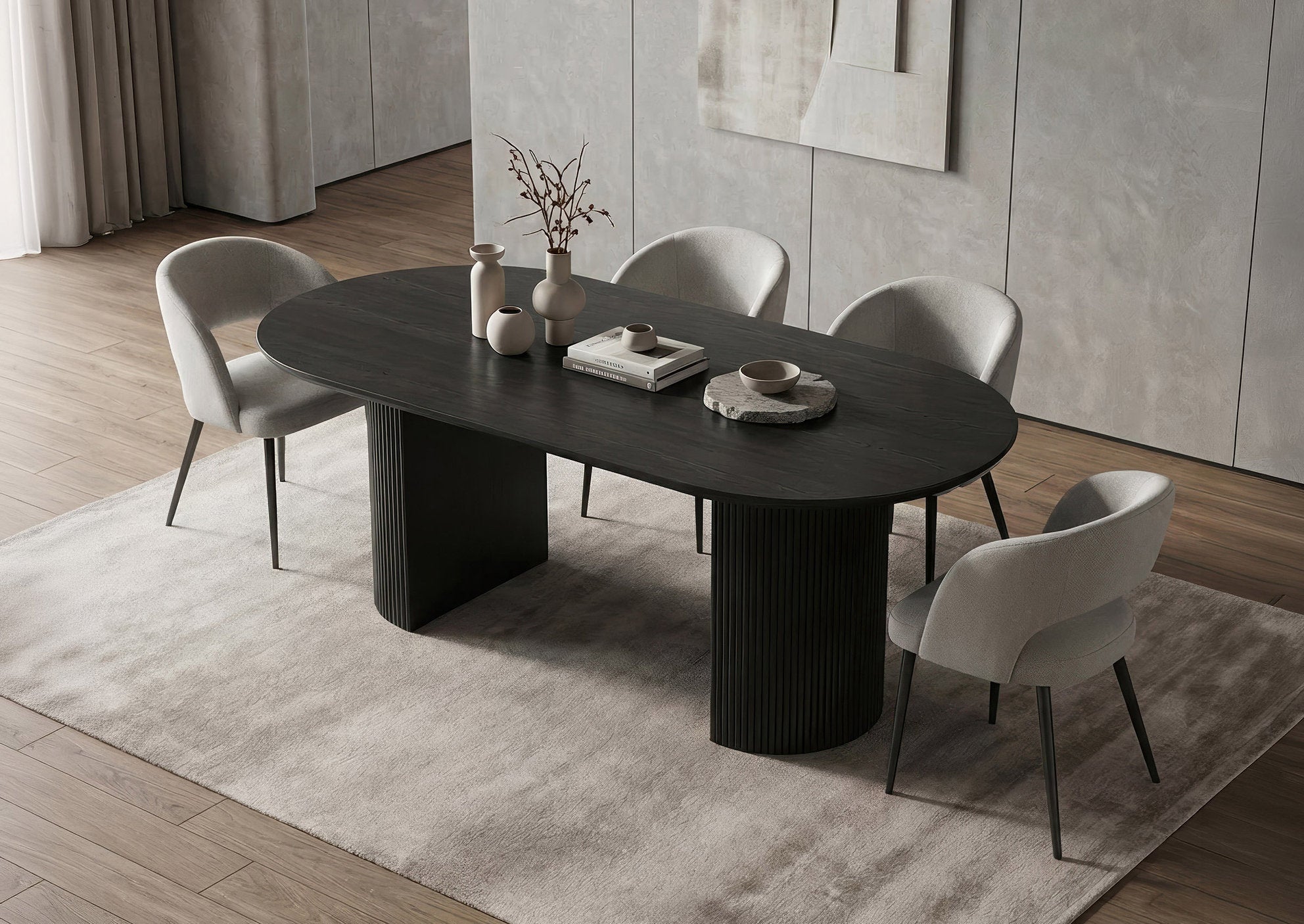 T-1643 | C-1645 Dining Set, 5Pc, Grey Chairs, Black 71" Oval Table, Fluted Base