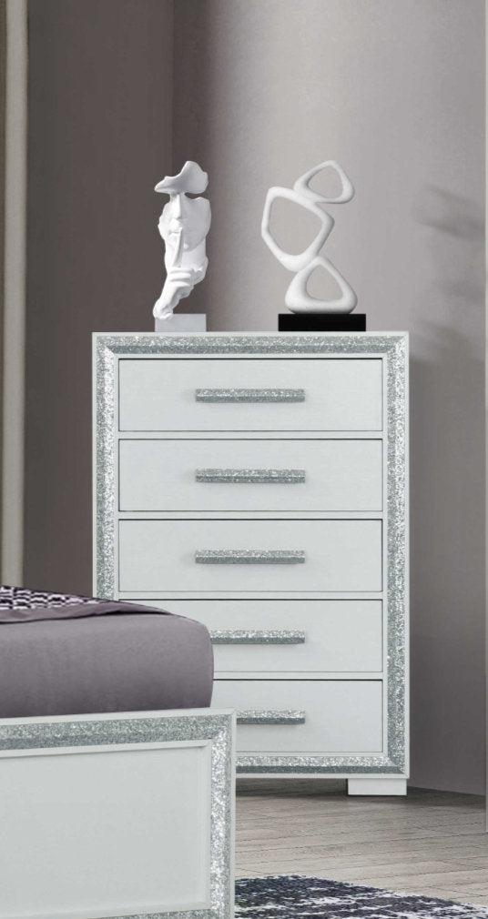 "ANDROS SILVER" Chest, Glossy White, Glamorous Silver Trim