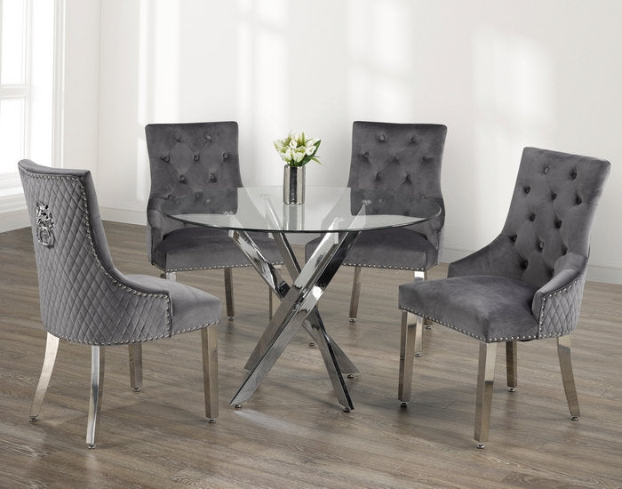 5Pc Dining Set - 44" Round Glass Top Table with 4 Grey Chairs  T-1447 | C-1250