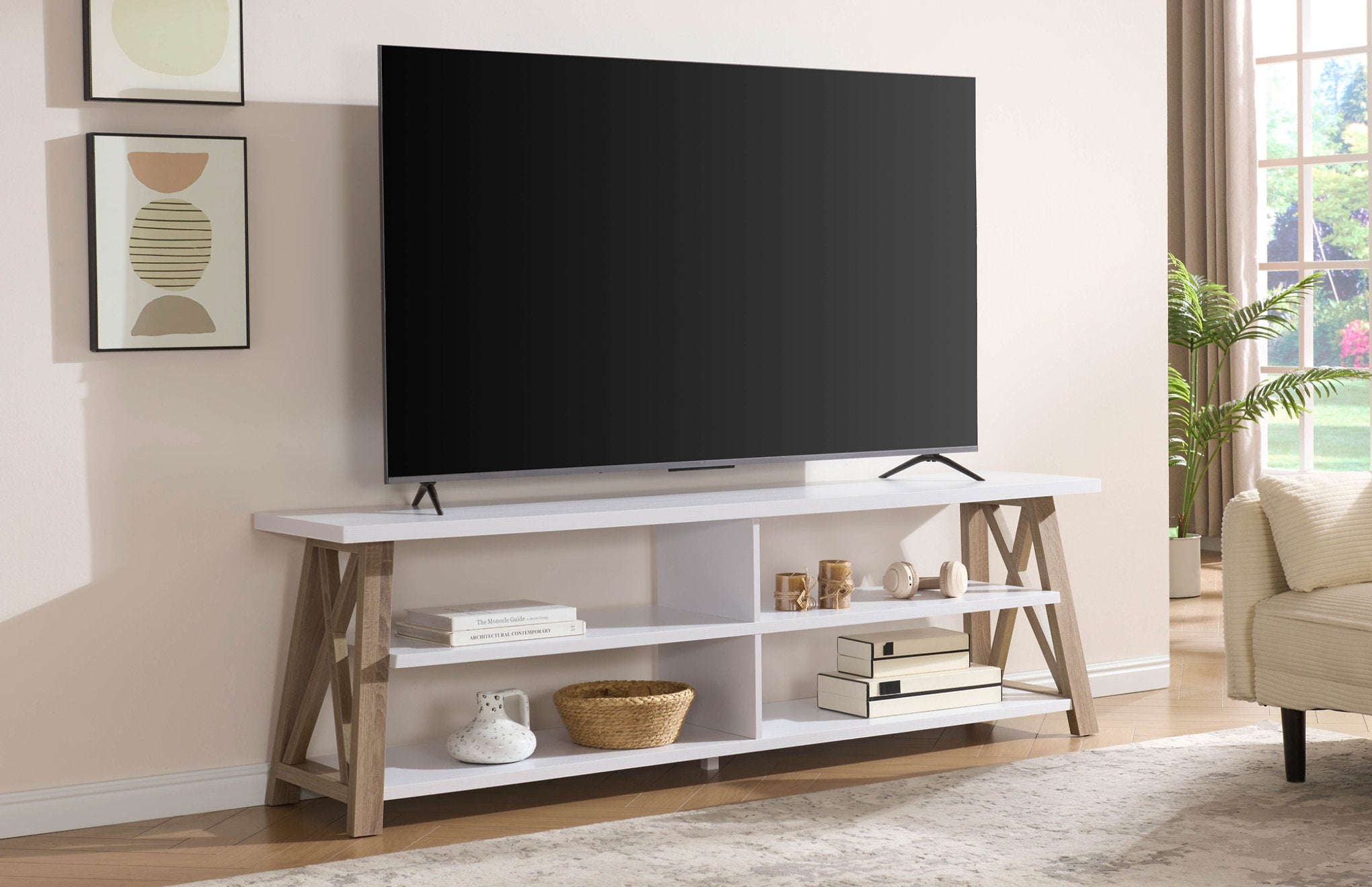 IF-5009 T.V Stand, 71" Wide, White and Natural Finish, X-Frame Side Panels