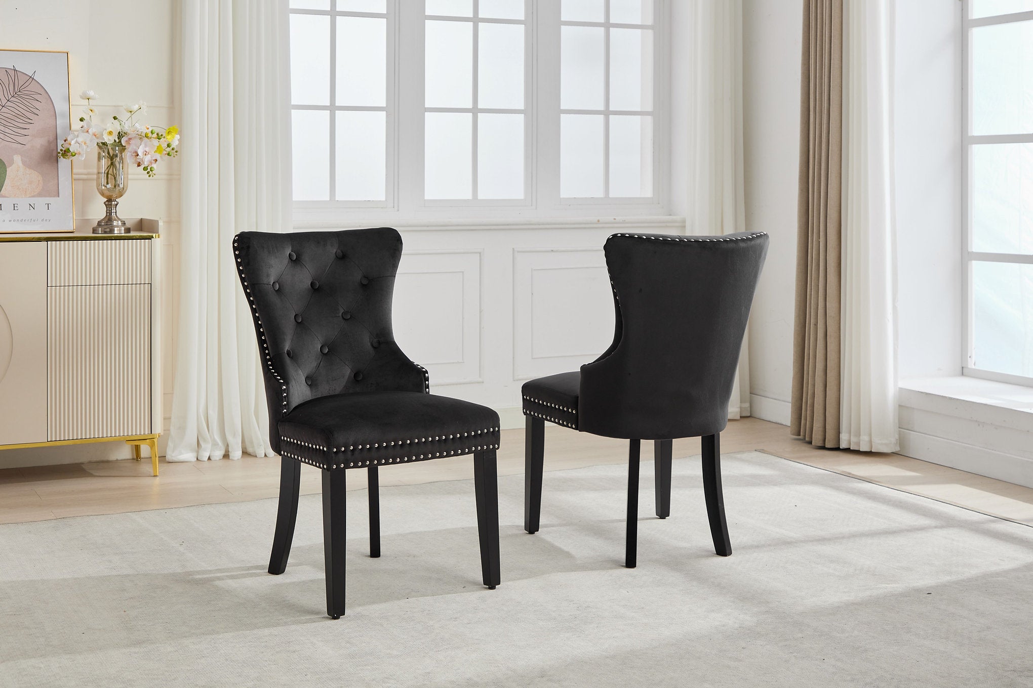 C-1226 Dining Chair, Black, Velvet, Tufted Front, Nailhead Detail, Espresso Legs