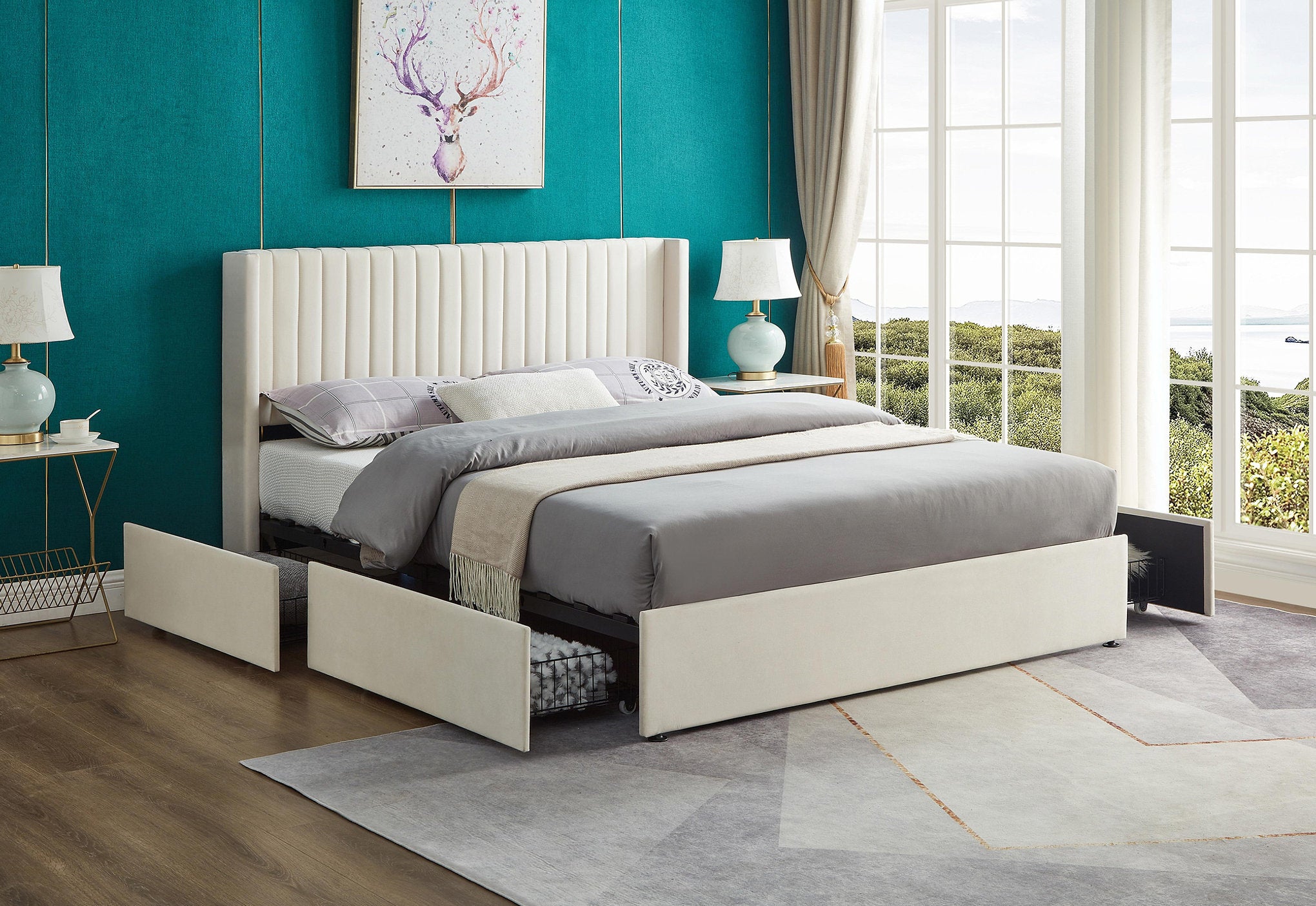 IF-5407 Bed, White, Velvet Fabric, 4 Large Pull-Out Wire Mesh Storage Drawers