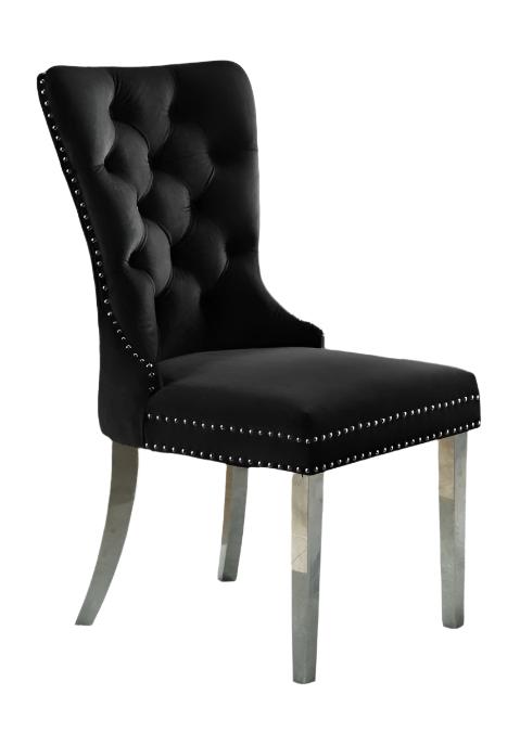T-1448 | C-1261 Dining Set, 7 Pc, 63" Table + 6 Black Tufted Velvet Chairs, Chrome Steel Table Legs, Glass Top