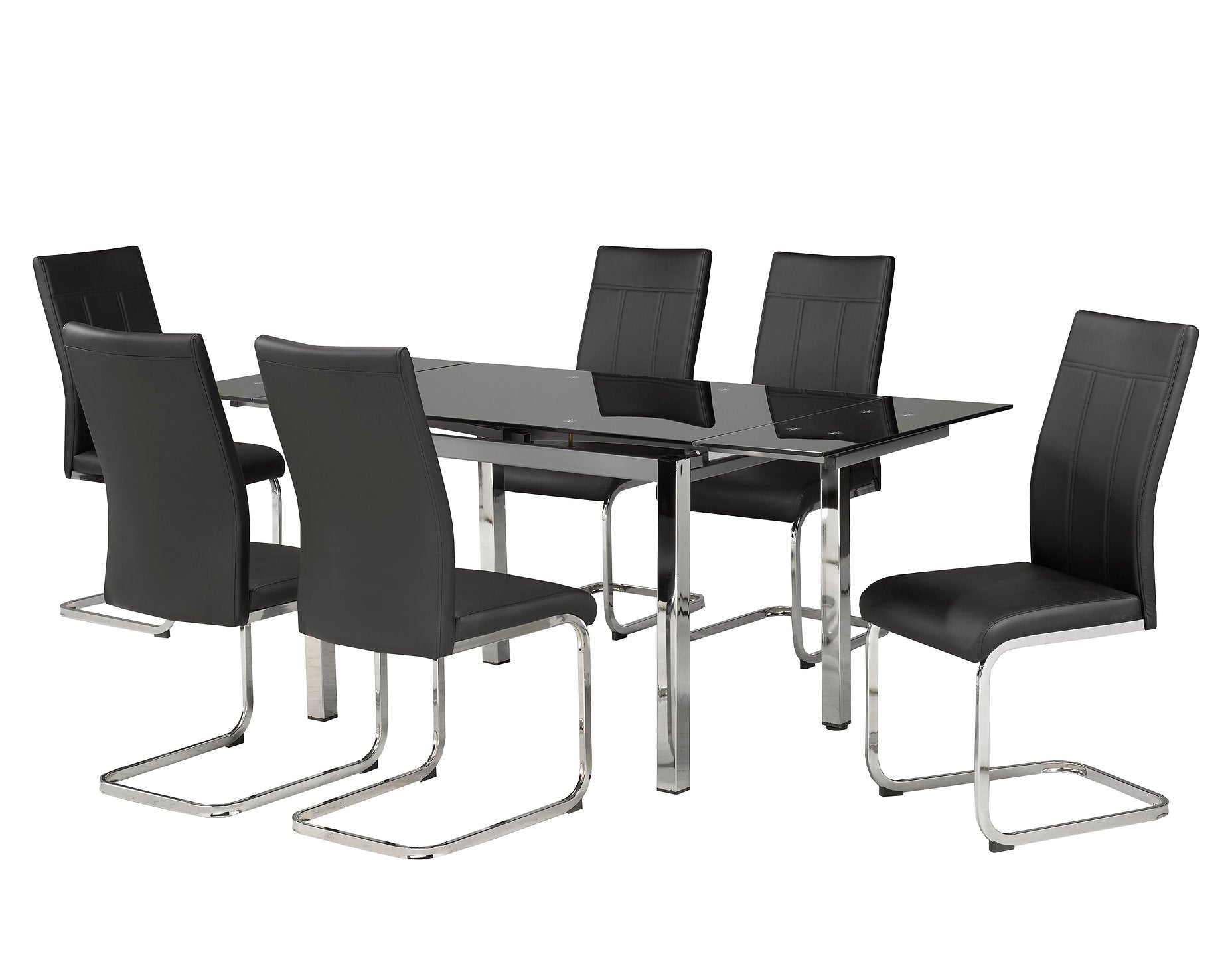 T-1505 | C-1877 Dining Set,  7Pc, 47"-71" Black Glass Top Table, Adjustable Leaves, Chrome Frame, Black Faux Leather Chairs