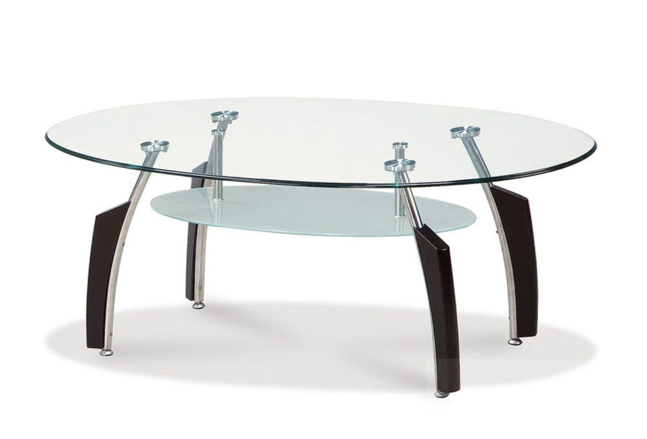 IF-2002 Coffee Table, 44" Oval, Clear Glass Top, Frosted Glass Shelf, Chrome + Espresso Legs