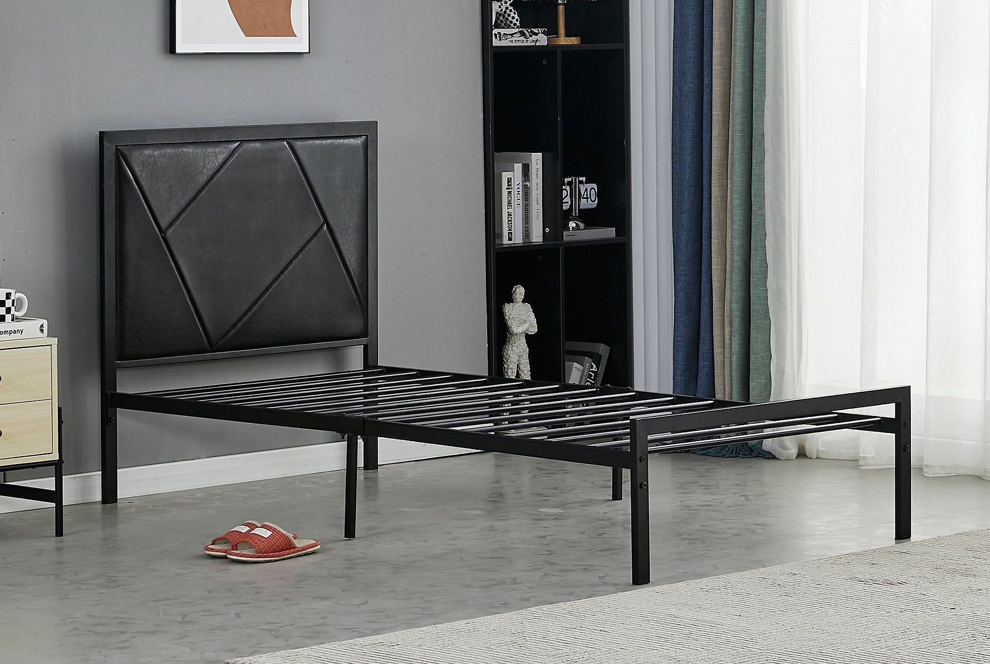IF-140B Bed, Black, Faux Leather Padded Headboard, Black Metal Frame