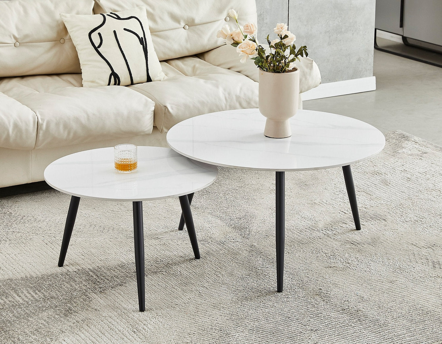 IF-2210 Coffee Table Set, 2Pc Nested, White Sintered Stone Top, 24" & 36" Round