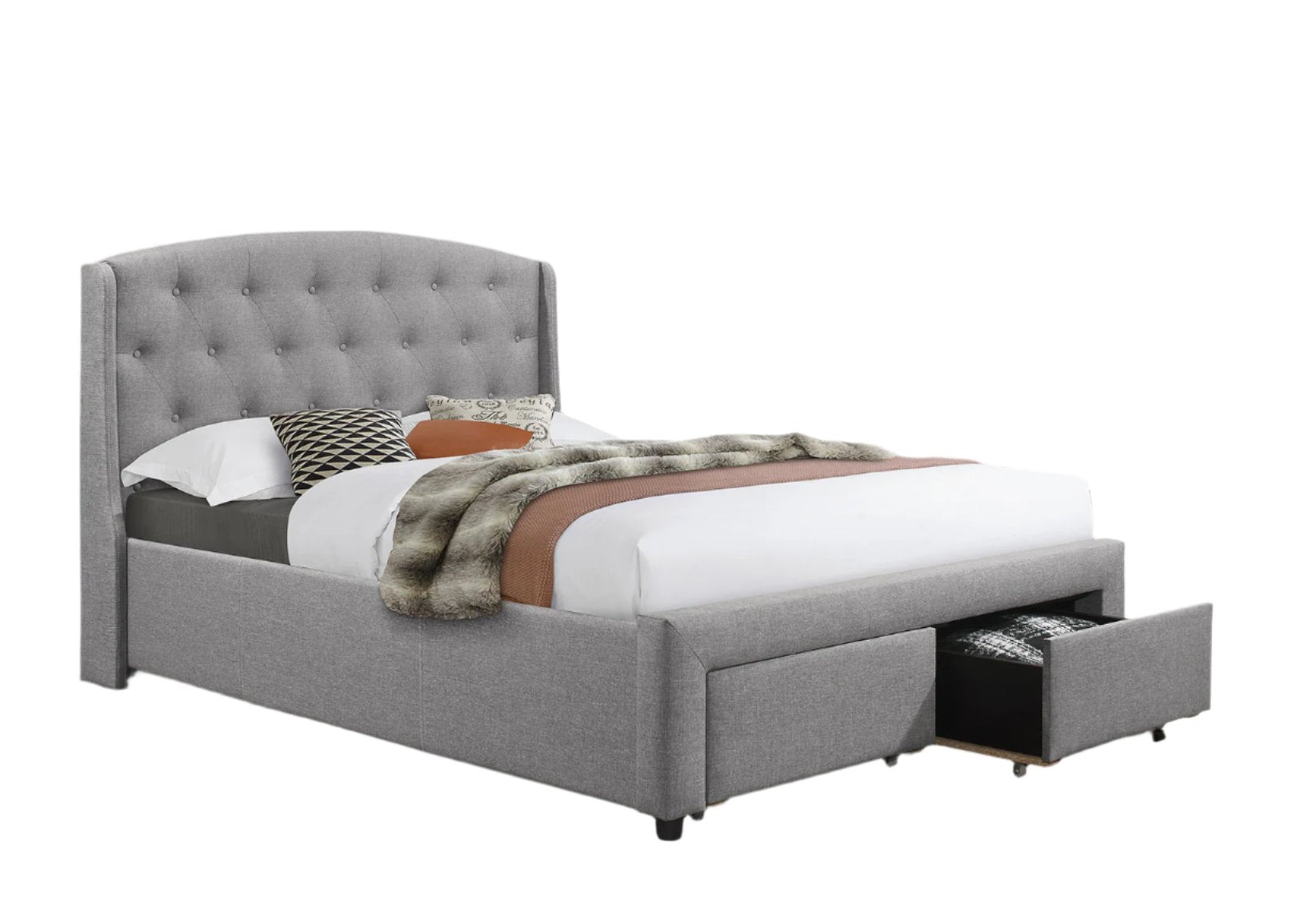 IF-5290 Bed, Light Grey, Fabric, Storage Drawers, Tufted Headboard