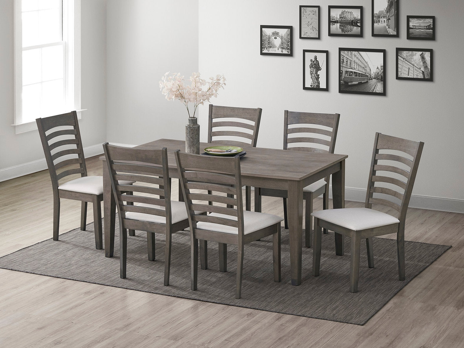 7 Pc Dining Set - 63" Wooden Antique Grey Table and 6 Chairs  T-1080 | C-1082