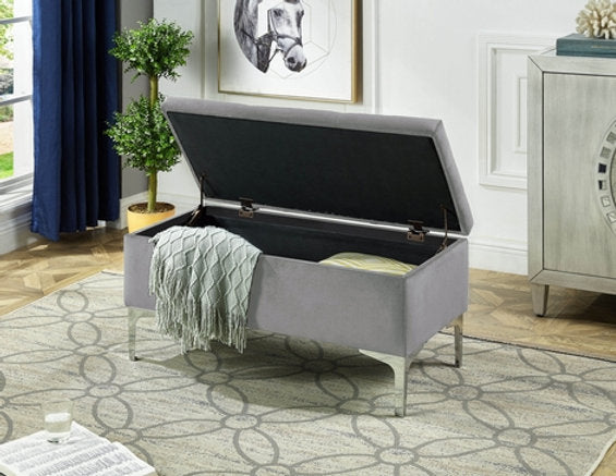 IF-6255 Storage Bench, 36" Wide, Grey, Velvet, Chrome Legs