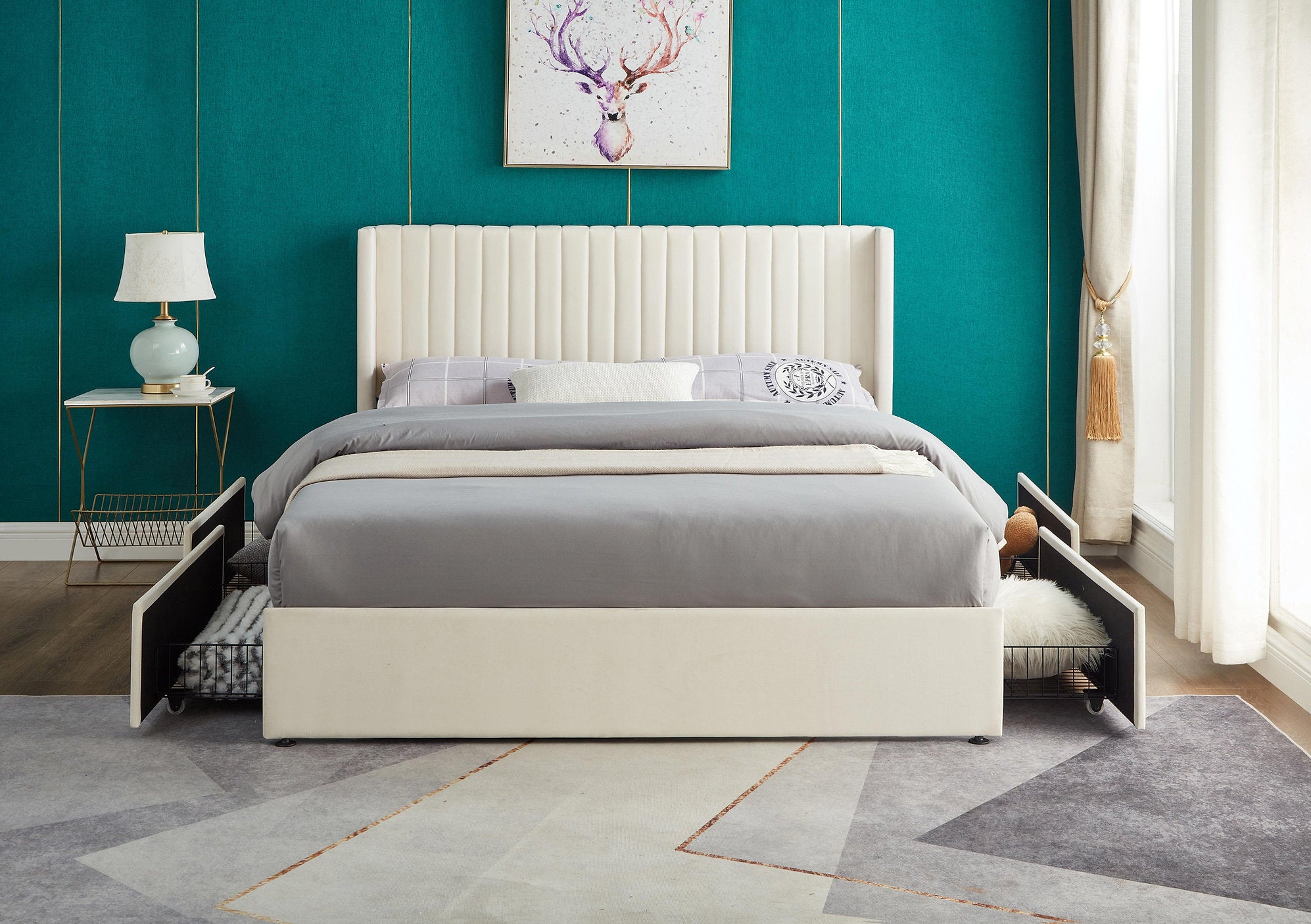 IF-5407 Bed, White, Velvet Fabric, 4 Large Pull-Out Wire Mesh Storage Drawers