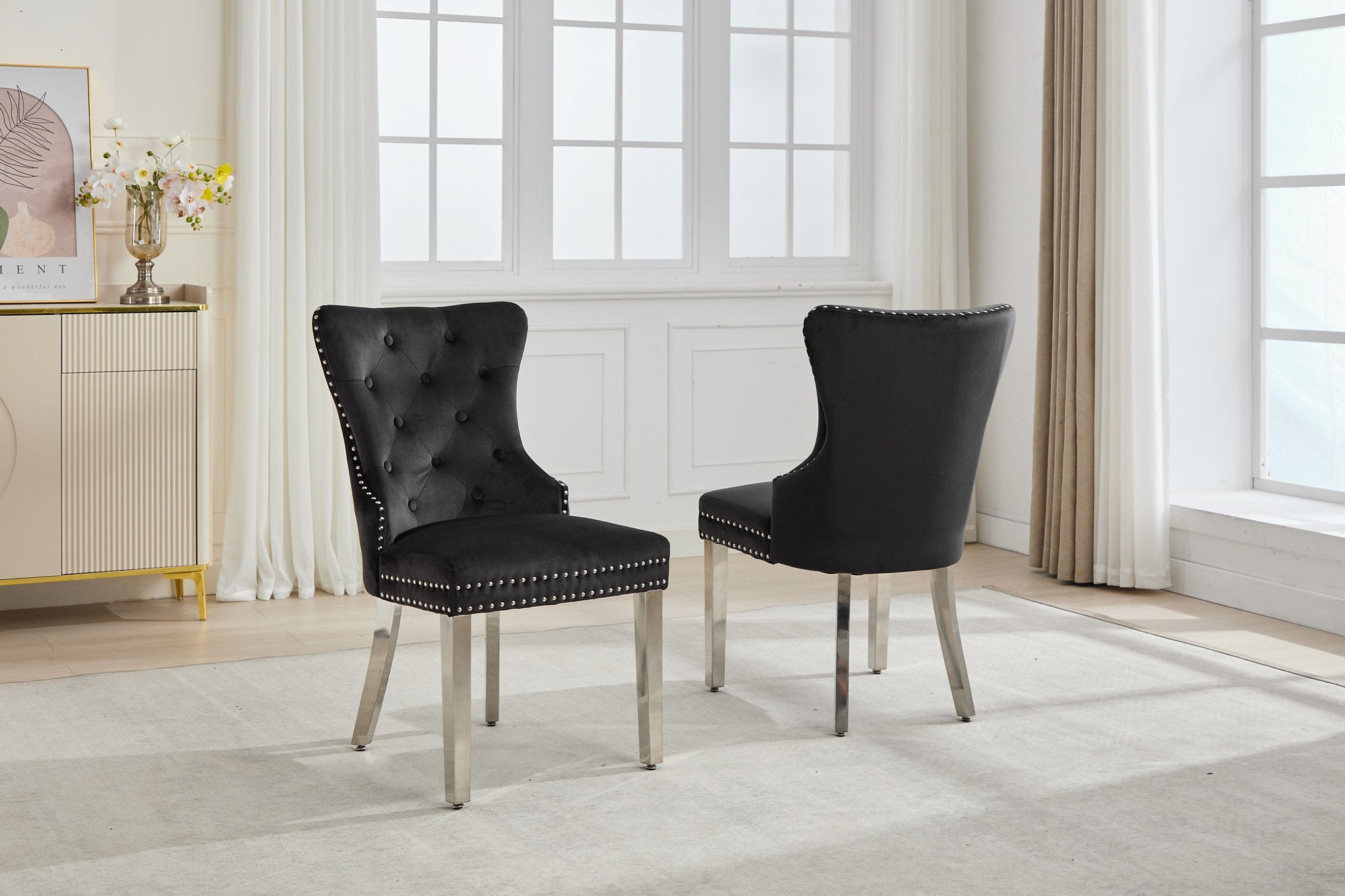 C-1246 Dining Chair, Black, Velvet, Tufted Front, Nailhead Detail (Set of 2)