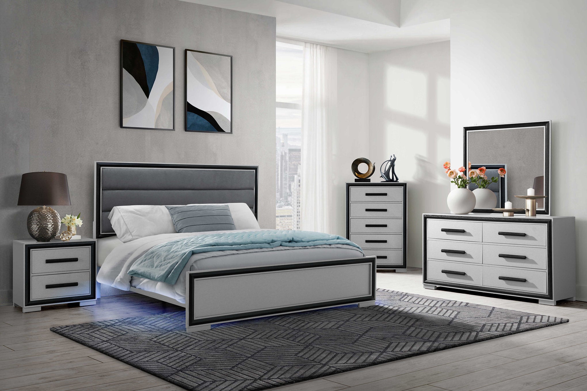 "AMELIA BLACK" Night Table, Sleek Silver, Black Accent Trim