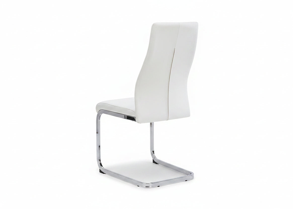 C-1575 Dining Chair, White, Faux Leather, Chrome C-Shape Frame, Elegant Diamond Stitching,  Set of 2 Chairs