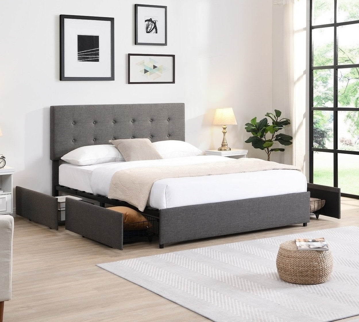 Bed - Grey Fabric with 4 Storage Drawers  IF-5693