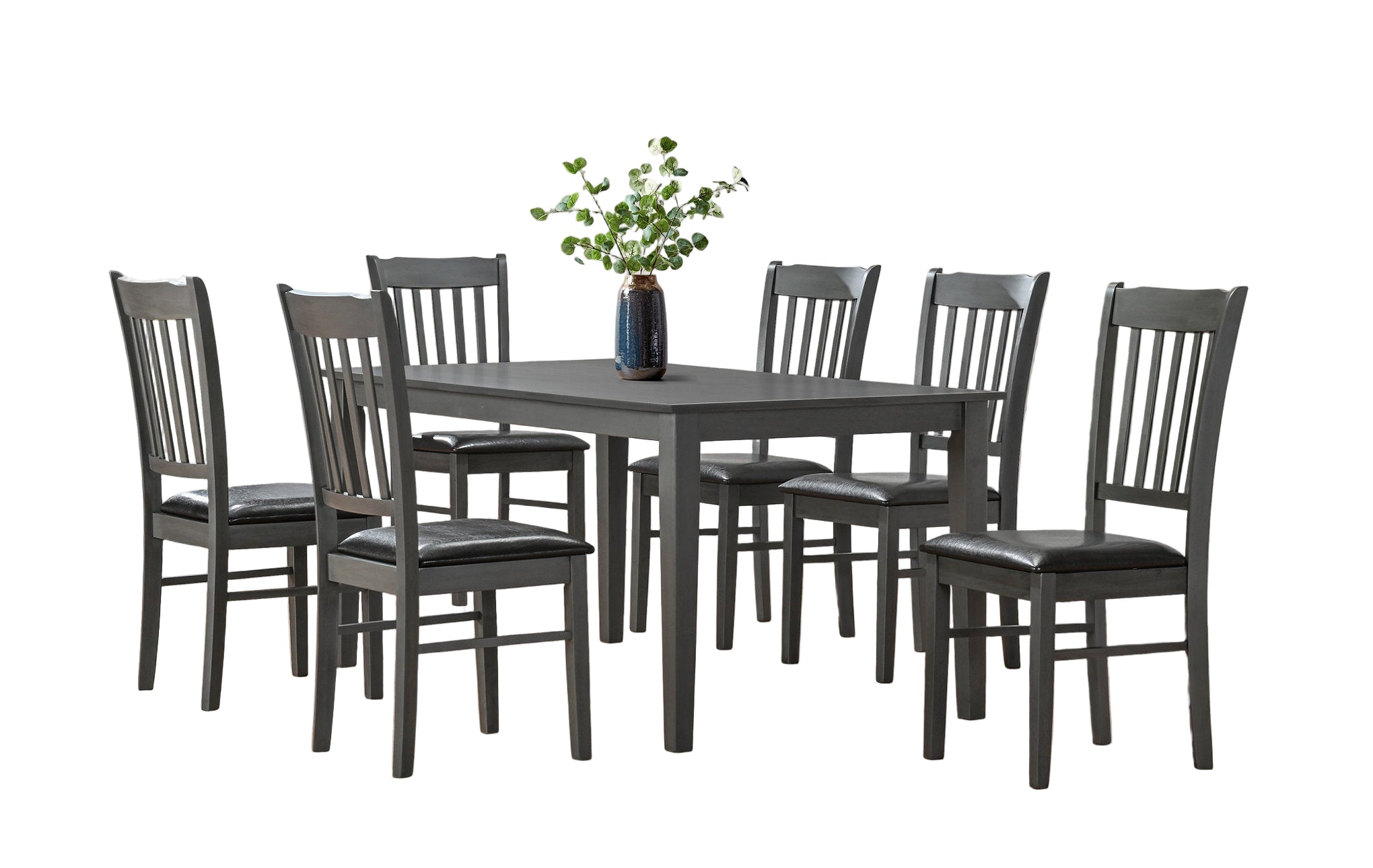 T-1030 | C-1032 Dining Set, 7 Pc, 63" Table + 6 Chairs, Antique Grey, Black Faux Leather Upholstered Cushion Seats