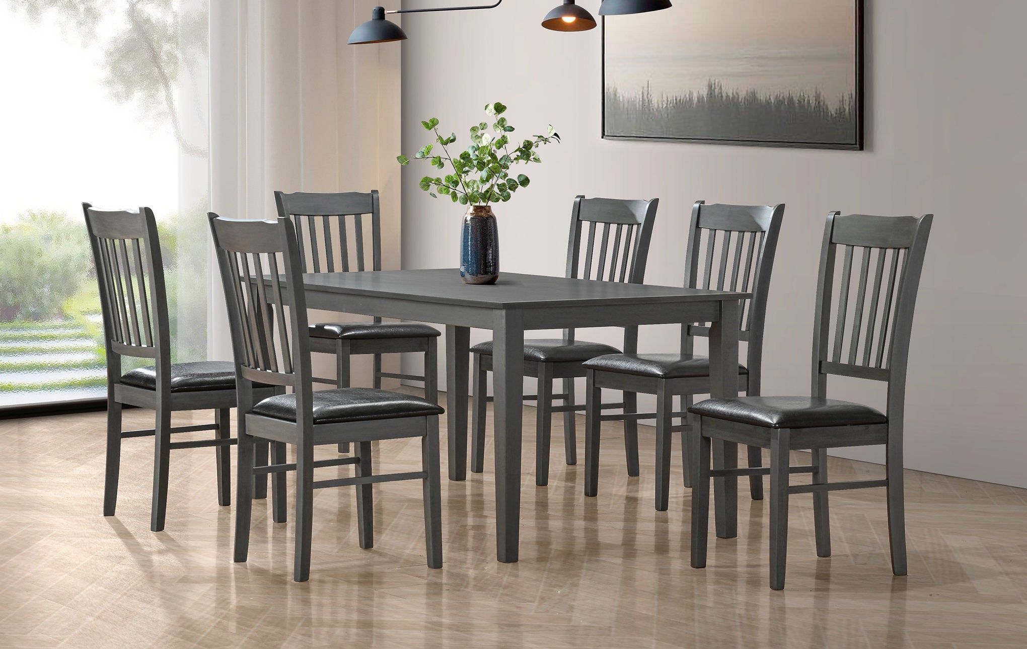 T-1030 | C-1032 Dining Set, 7 Pc, 63" Table + 6 Chairs, Antique Grey, Black Faux Leather Upholstered Cushion Seats