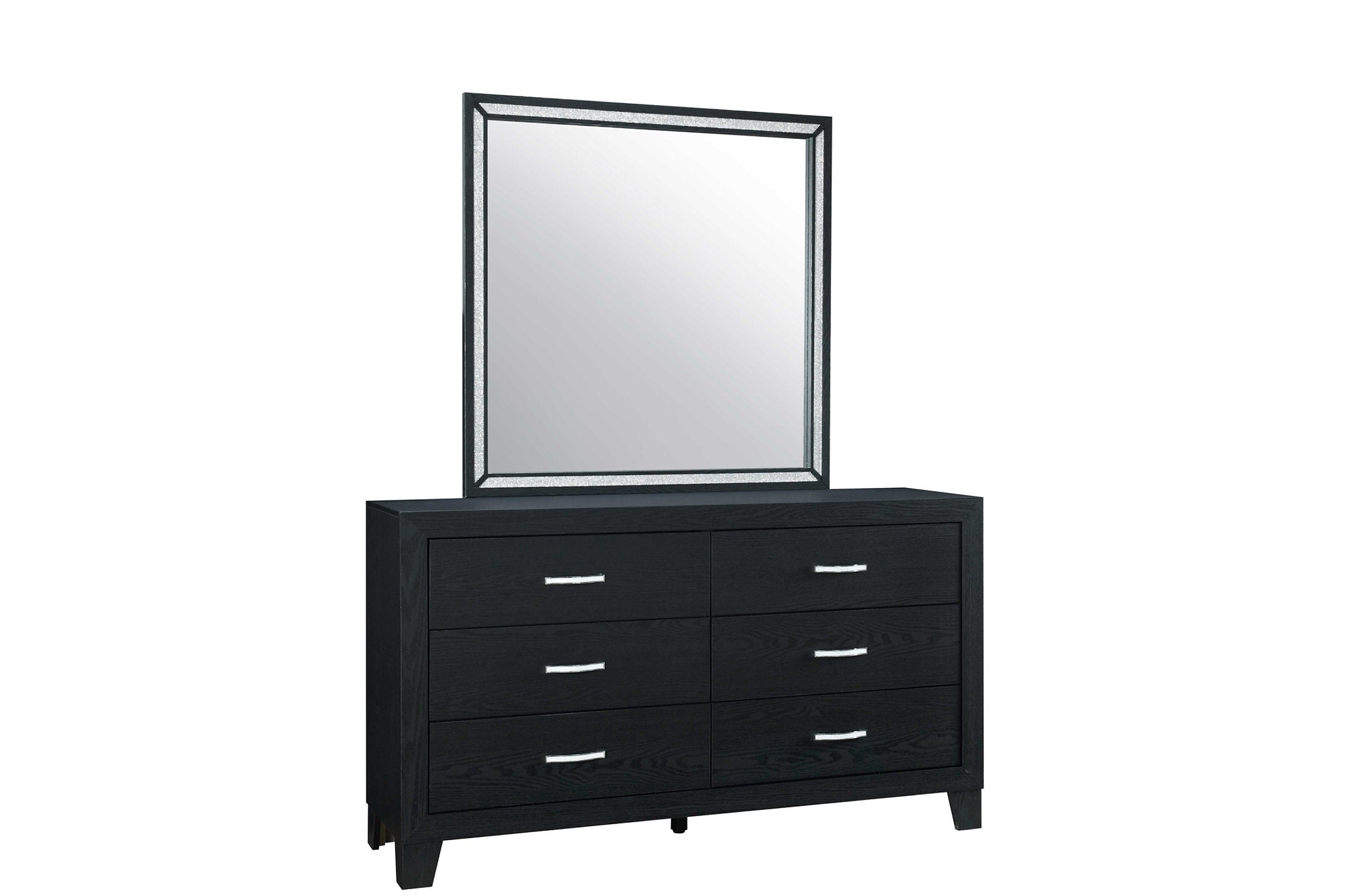 "REID" Dresser + Mirror, Black, Mirrored Accents, Crushed Crystal Accents