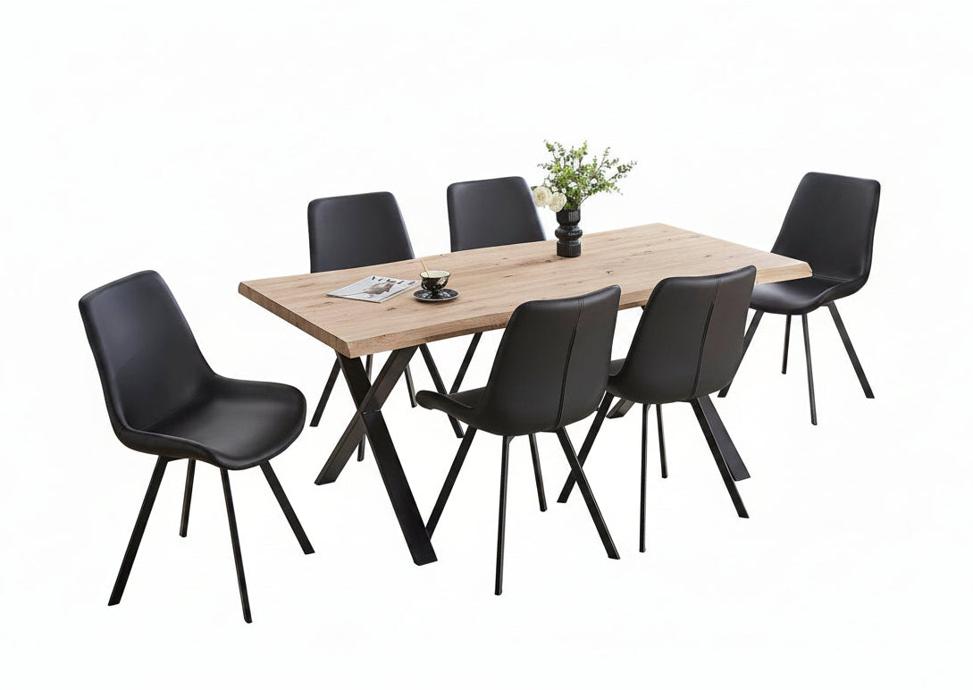 T-1808 | C-1821 Dining Set, 7Pc OR 5Pc, 71" Wood Top Table, Black Metal X-leg Base, Black Chairs