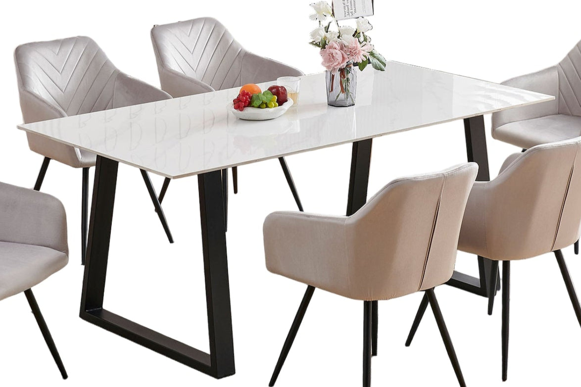 T-1550 Dining Table, 71" Long, Sintered Stone, White Faux Marble Top Table, U-Shape Base